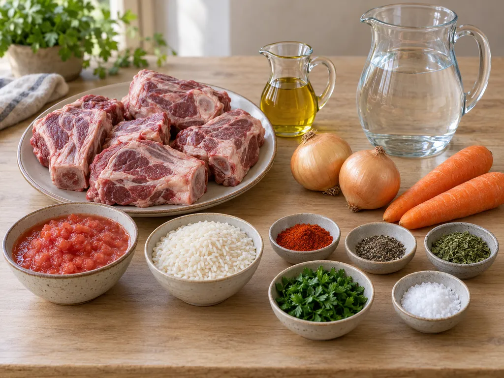 Агнешко с кост, лук, моркови, домати, ориз и подправки за курбан чорба