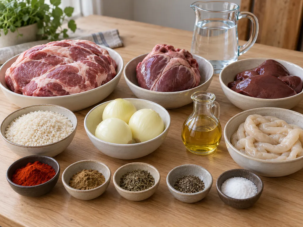 Свинско месо, сърце, дроб, ориз, лук, подправки и обвивки за бахур