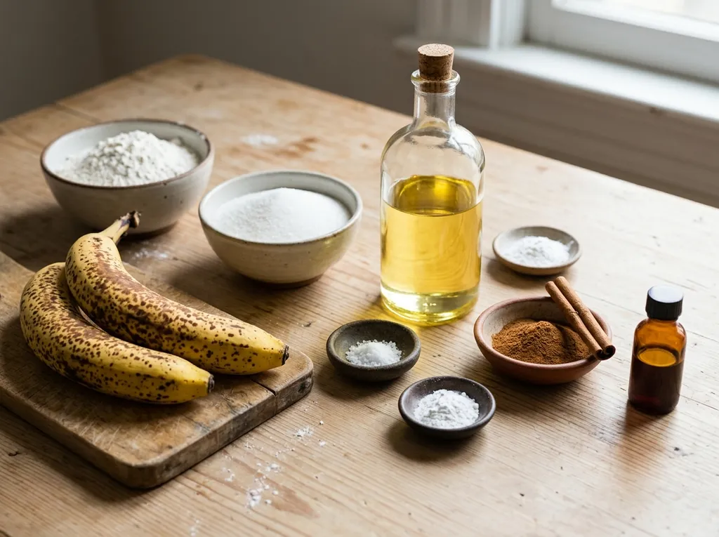 Зрели банани, брашно, захар, олио и канела за бананови курабийки