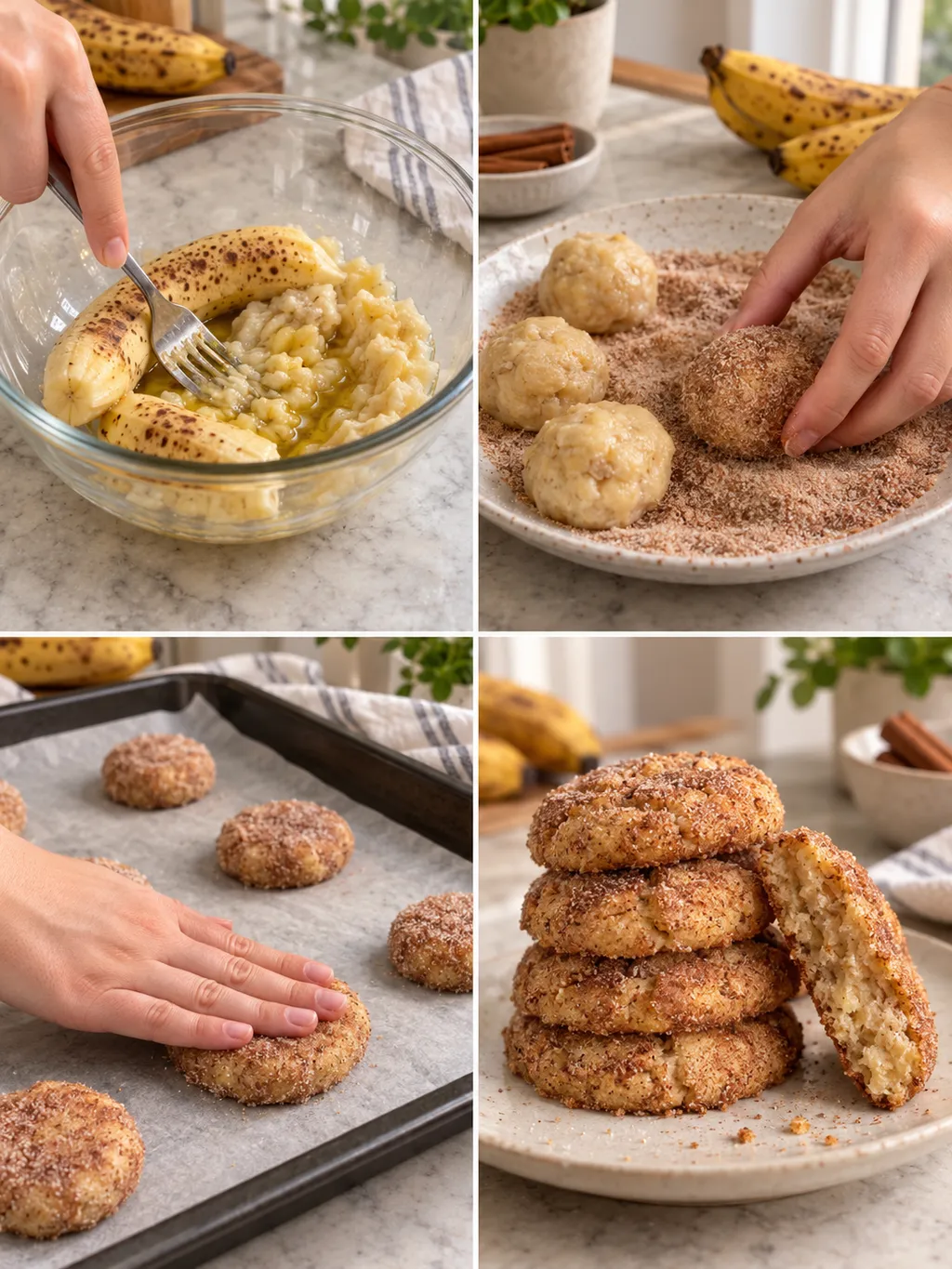Смачкване на банани, овалване в канела, печене и готови курабийки