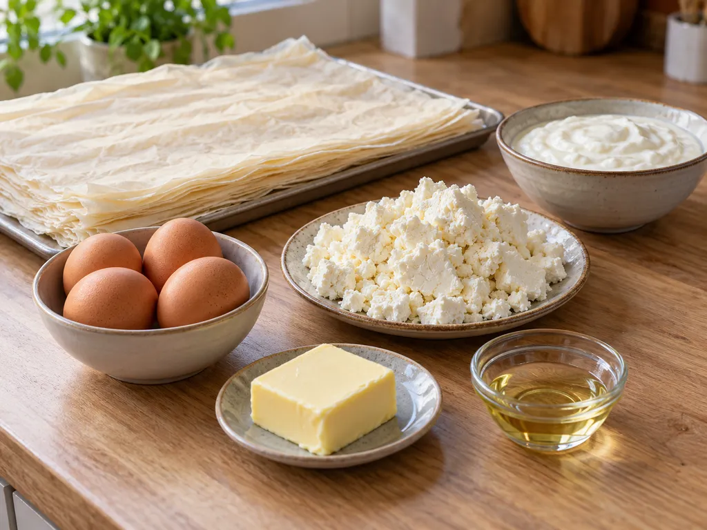 Кори, четири яйца, сирене, кисело мляко, масло и олио за новогодишна баница