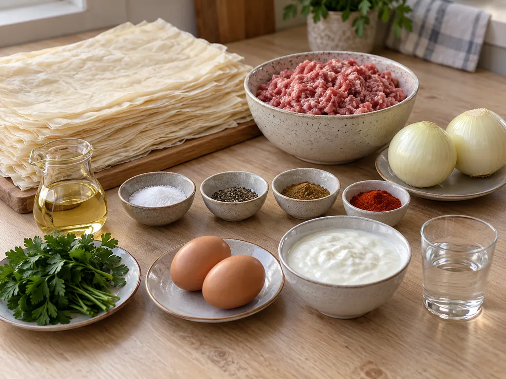 Кори, кайма, лук, яйца, кисело мляко и подправки за месна баница