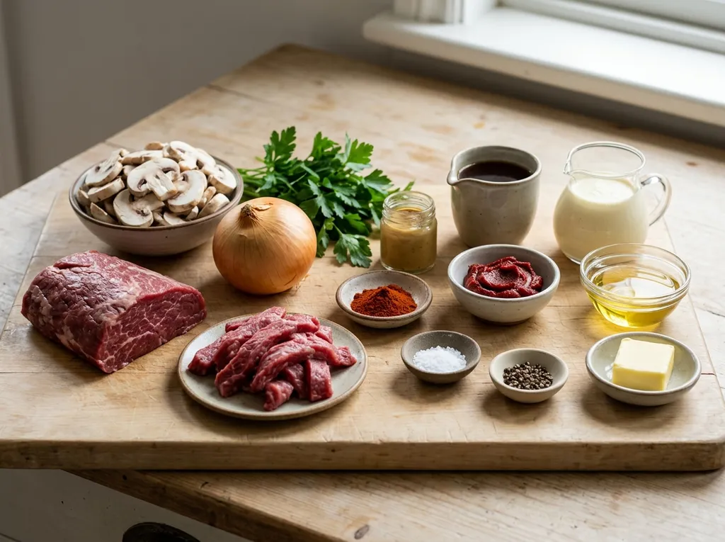 Сурови продукти за бьоф Строганов с говеждо, гъби, лук и сметана