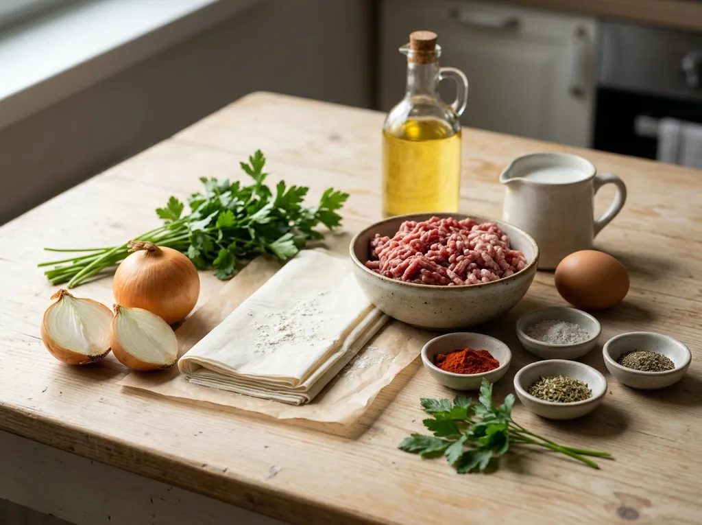 Продукти за бюрек с кайма на дървена маса, месо, лук, кори, пипер и магданоз