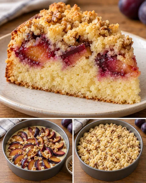 Сладкиш с маслени трохи със сливи и ванилия — орехи