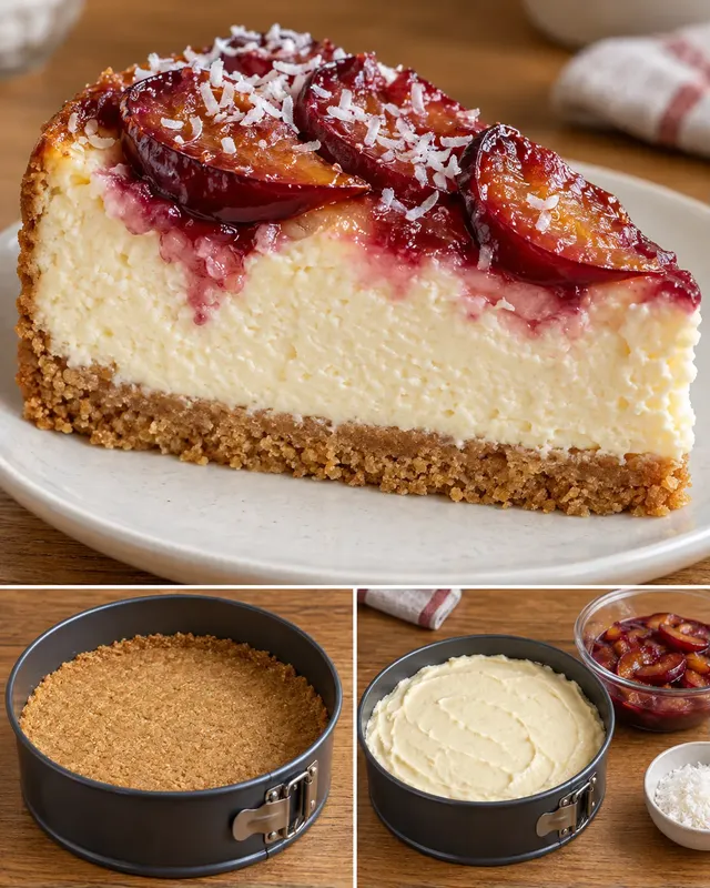 Печен чийзкейк със сливи и ванилия — кокос