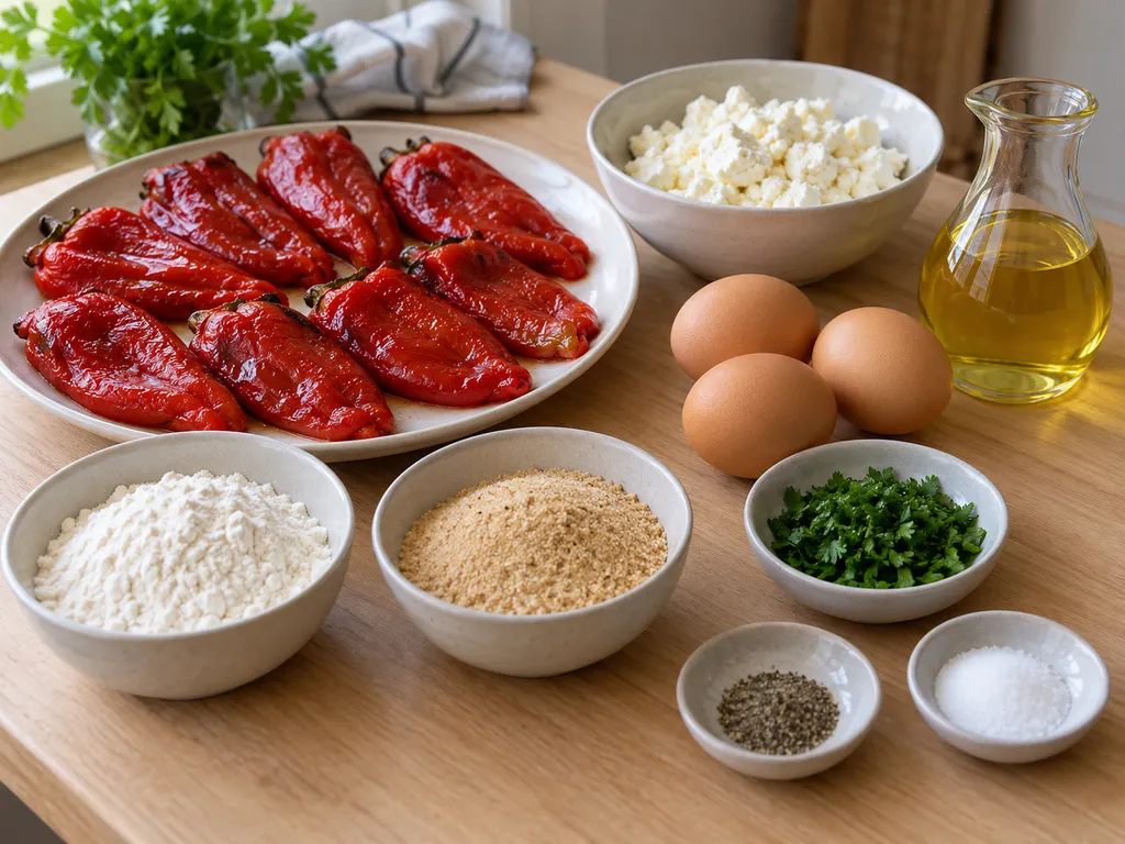Печени червени чушки, сирене, три яйца, магданоз, брашно и галета