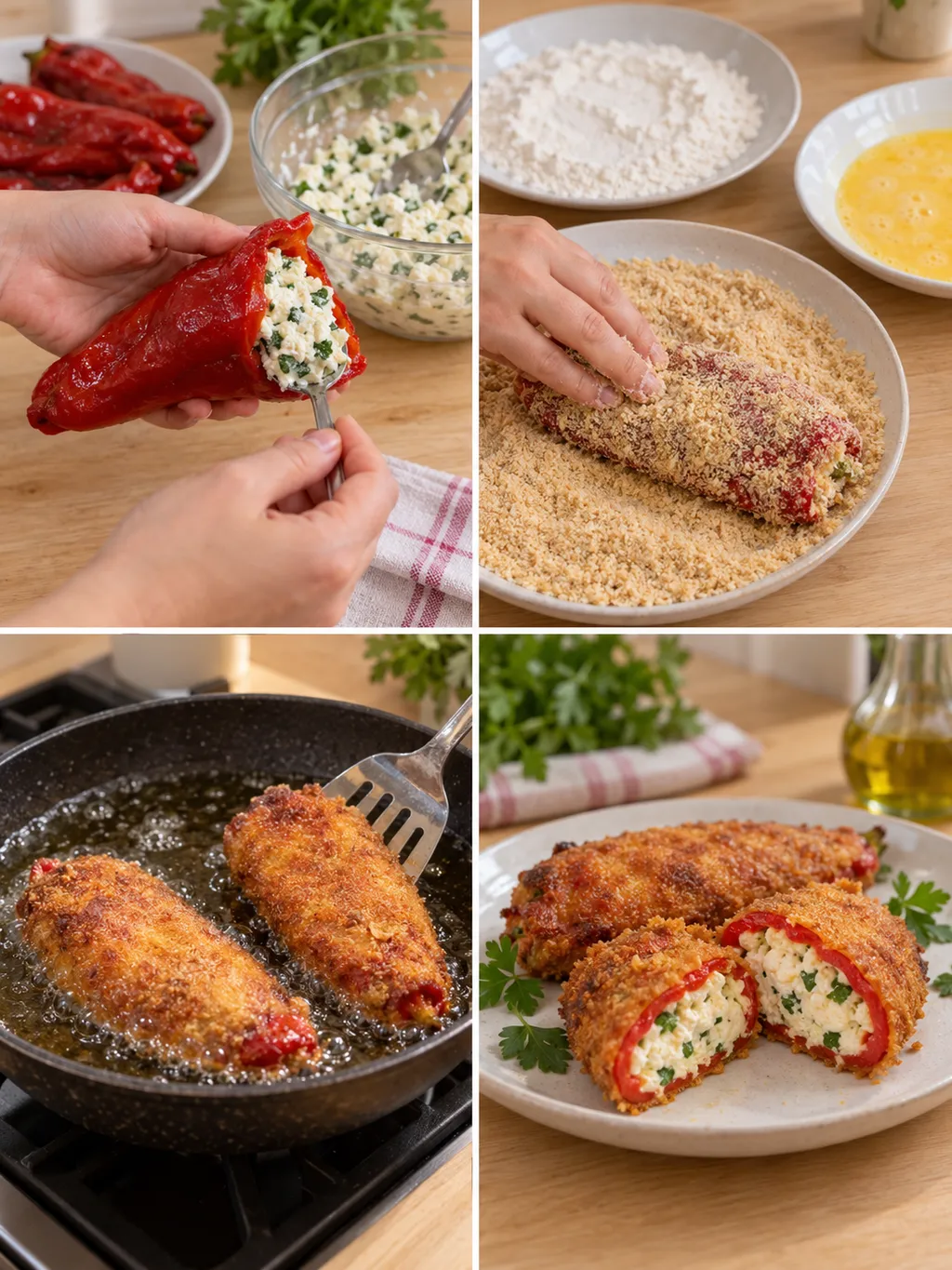 Пълнене, паниране и пържене на чушки бюрек и готови чушки със сирене