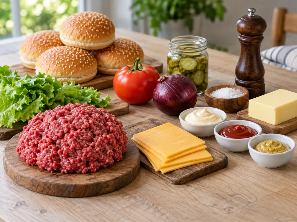 Продукти за домашен бургер, телешка кайма, питки, кашкавал и зеленчуци