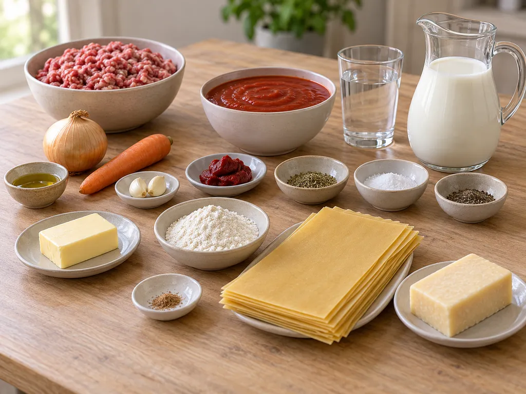 Кори за лазаня, кайма, домати, мляко, масло и кашкавал с останалите продукти