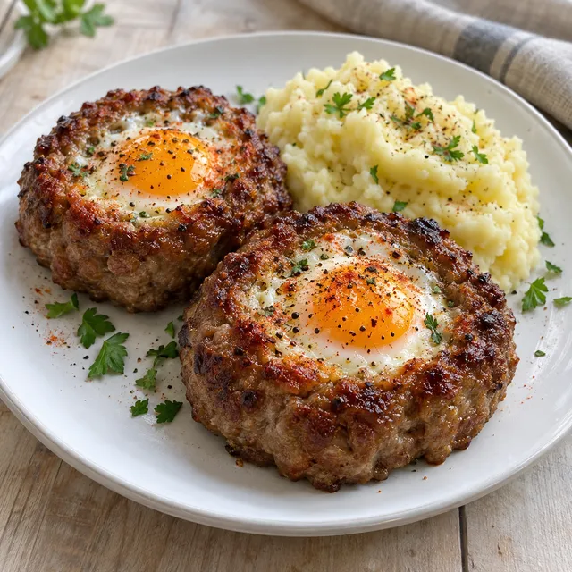 Две печени гнезда от кайма с яйце и картофено пюре