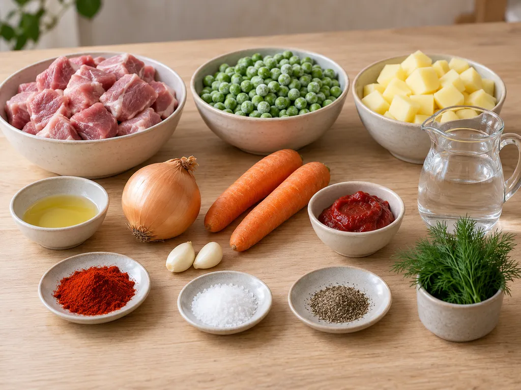 Свинска плешка, грах, картофи, моркови, лук, копър и подправки за яхния