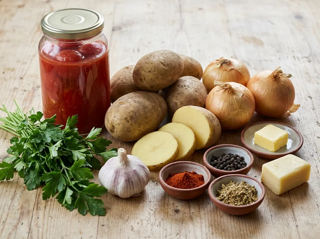 Картофи, лук, домати и чесън за картофен гювеч