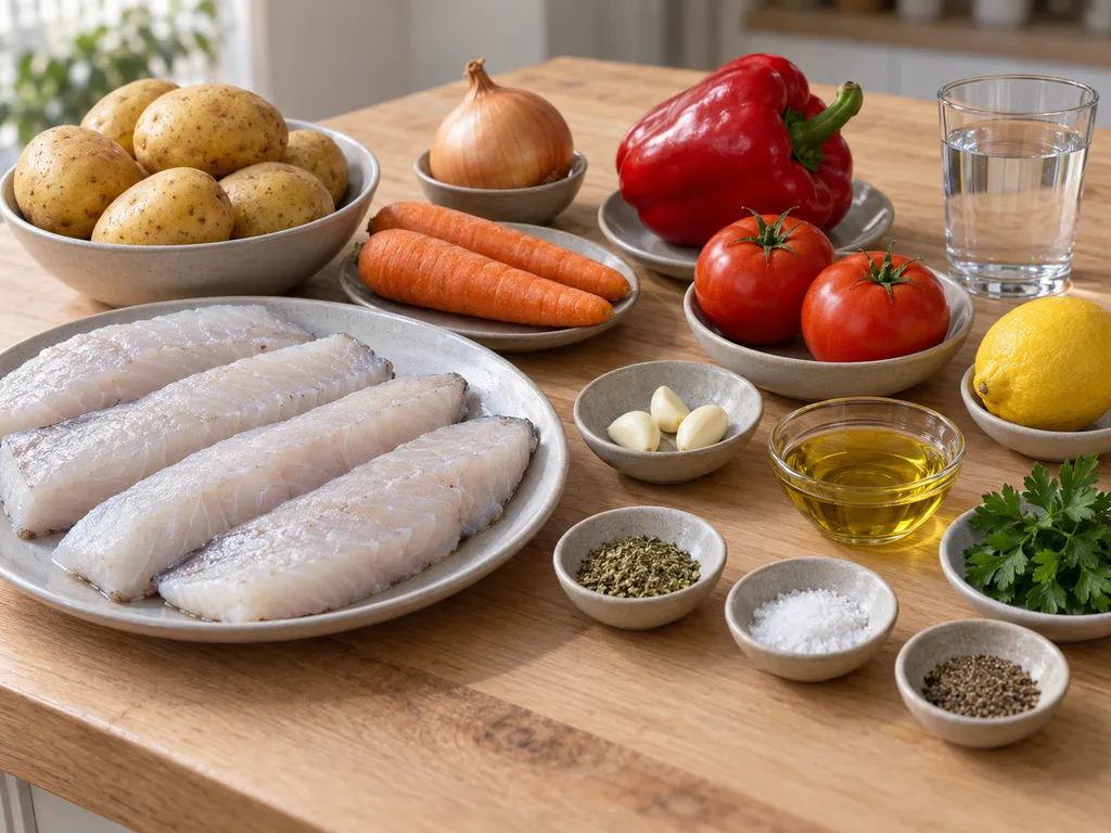 Филета от хек, картофи, моркови, лук, чушка, домати, чесън, лимон и подправки