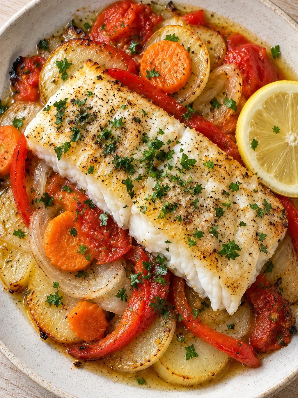 Хек с печени картофи, моркови, домати и червена чушка, поръсен с магданоз