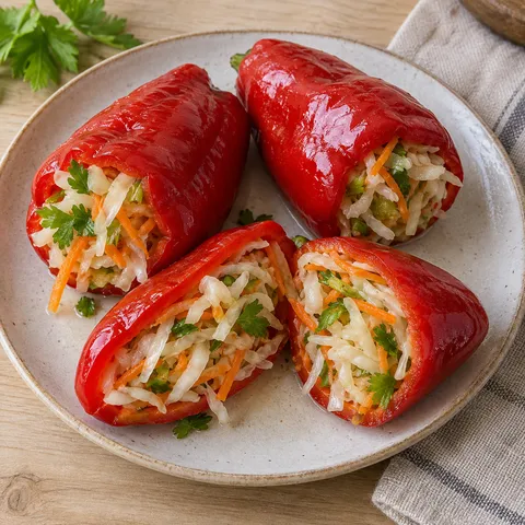 Червени камби с плънка от зеле, моркови и целина в светла чиния