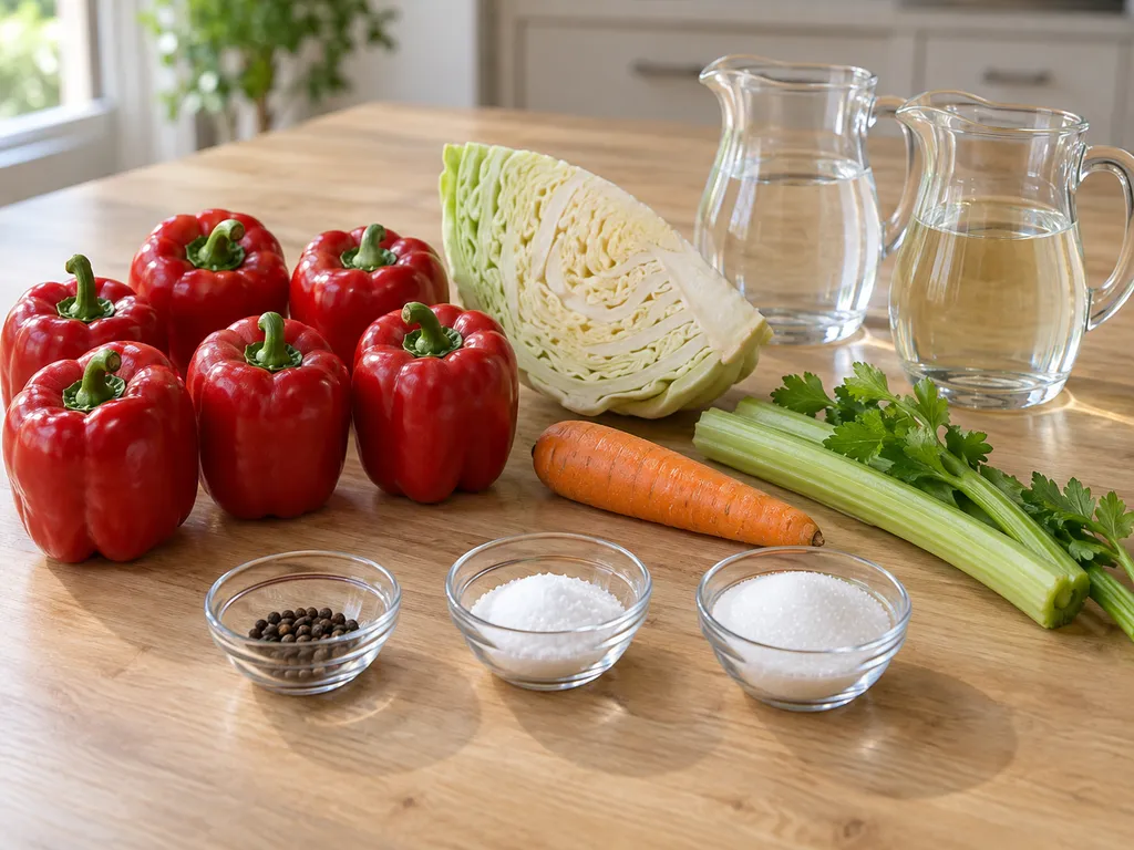 Шест червени камби, зеле, морков, целина и продукти за оцетната марината