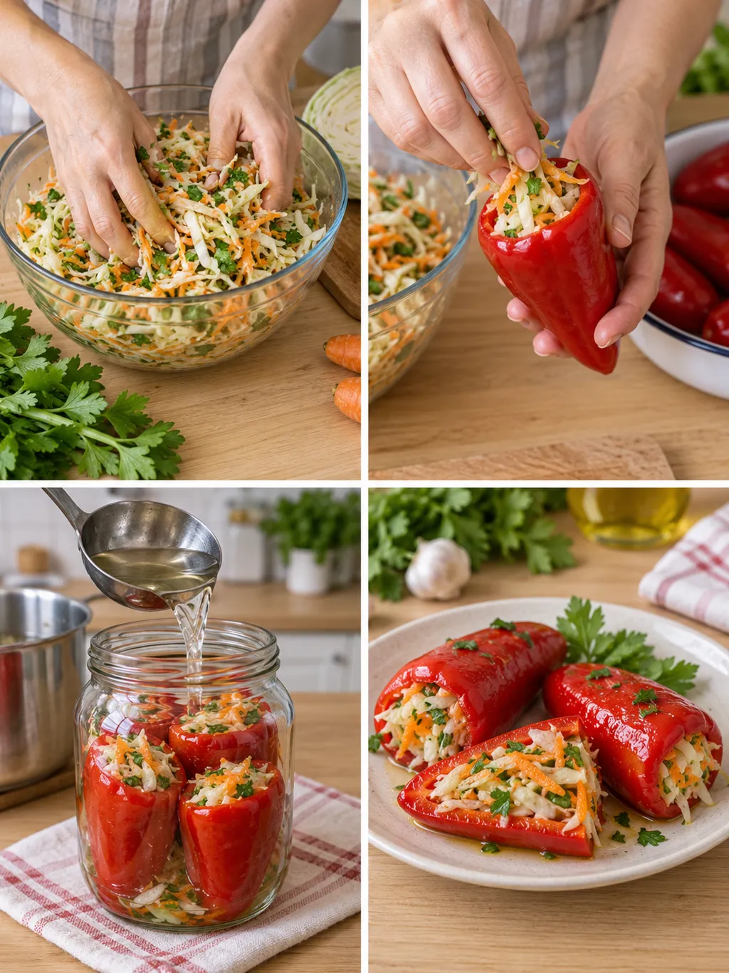 Смесване на плънката, пълнене и мариноване на камби със зеле