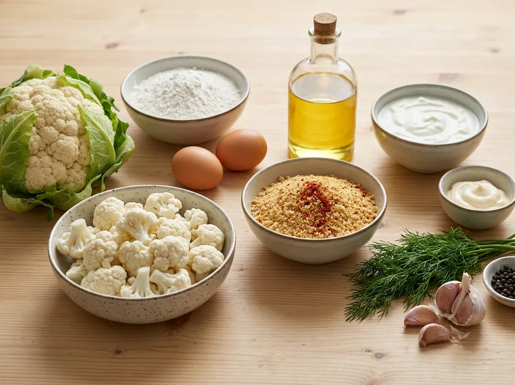 Съставки за карфиол пане, карфиол, яйца, брашно, галета, кисело мляко и копър