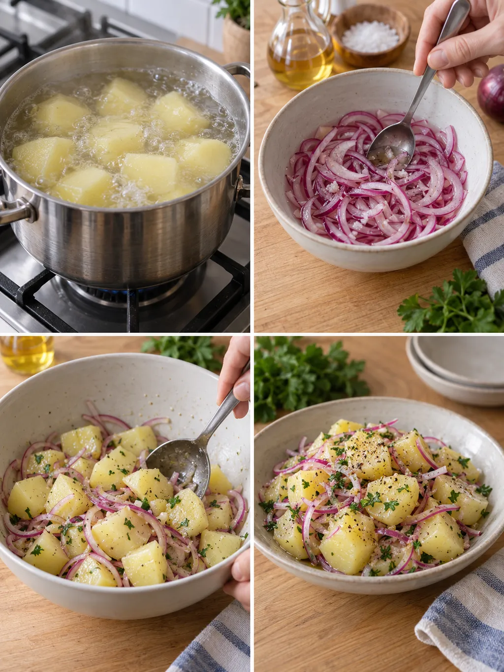 Варене на картофи, овкусяване на лук, смесване и готова картофена салата