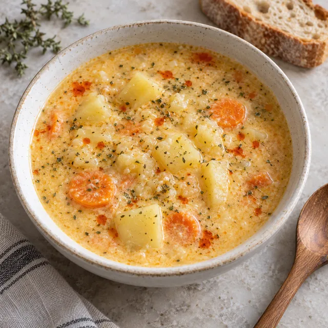 Картофена супа със застройка с моркови и чубрица в светла купа