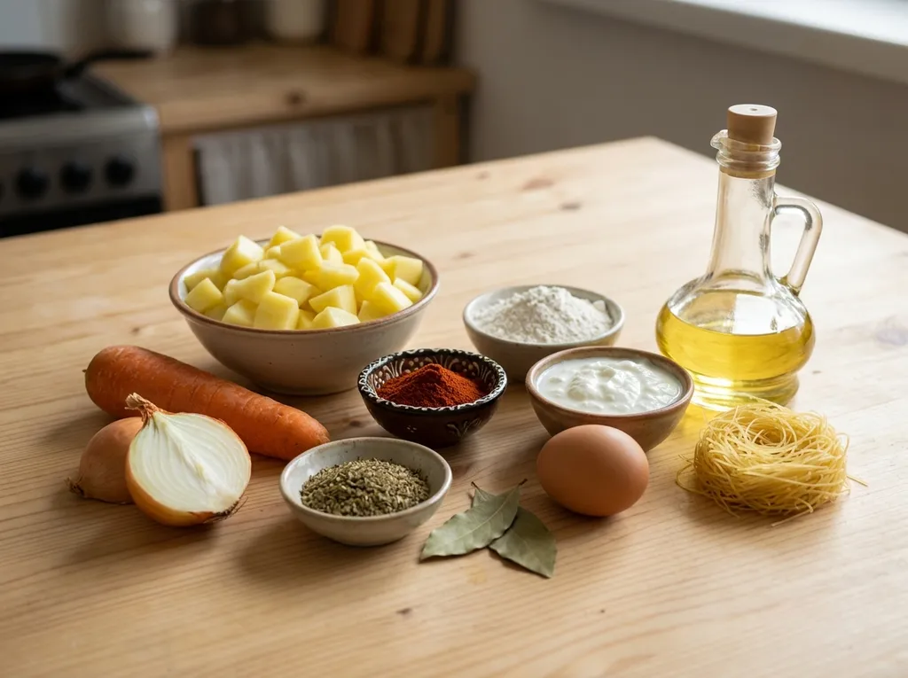 Продукти за картофена супа със застройка върху дървена маса