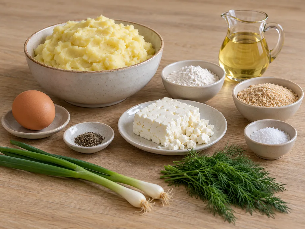Пюре, сирене, яйце, брашно, галета, пресен лук и копър за картофени кюфтета