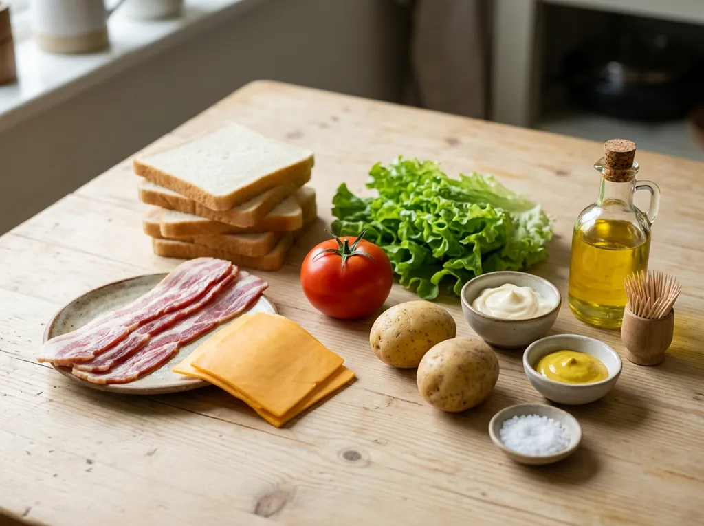 Продукти за клуб сандвич, хляб за тост, бекон, чедър, домат и маруля