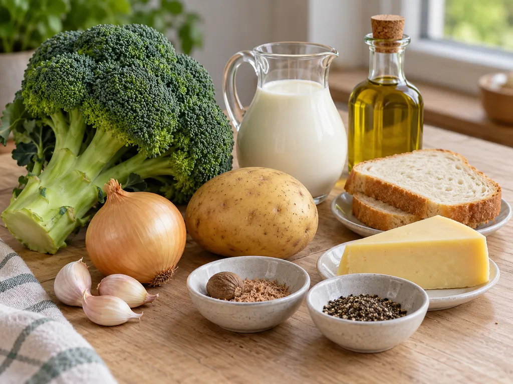 Продукти за крем супа от броколи върху дървена маса