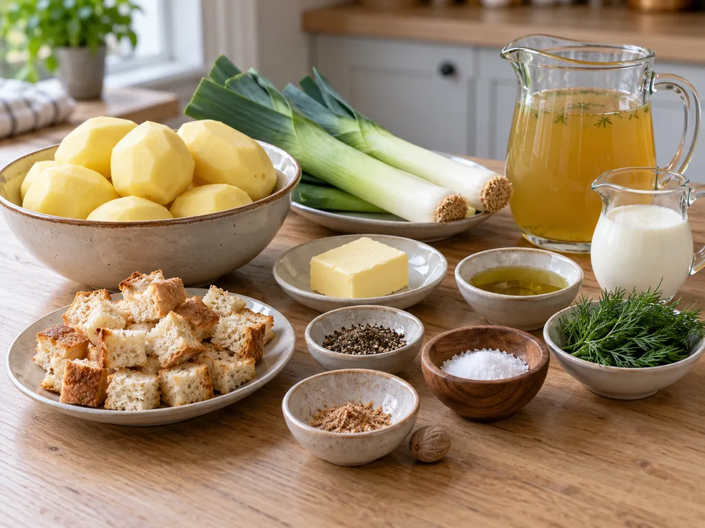 Картофи, праз, масло, сметана, бульон, хляб и подправки за крем супа