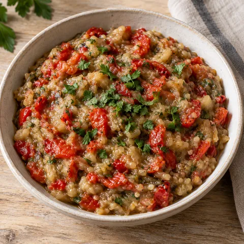 Кьопоолу с парченца печена червена чушка и магданоз в плитка керамична купа