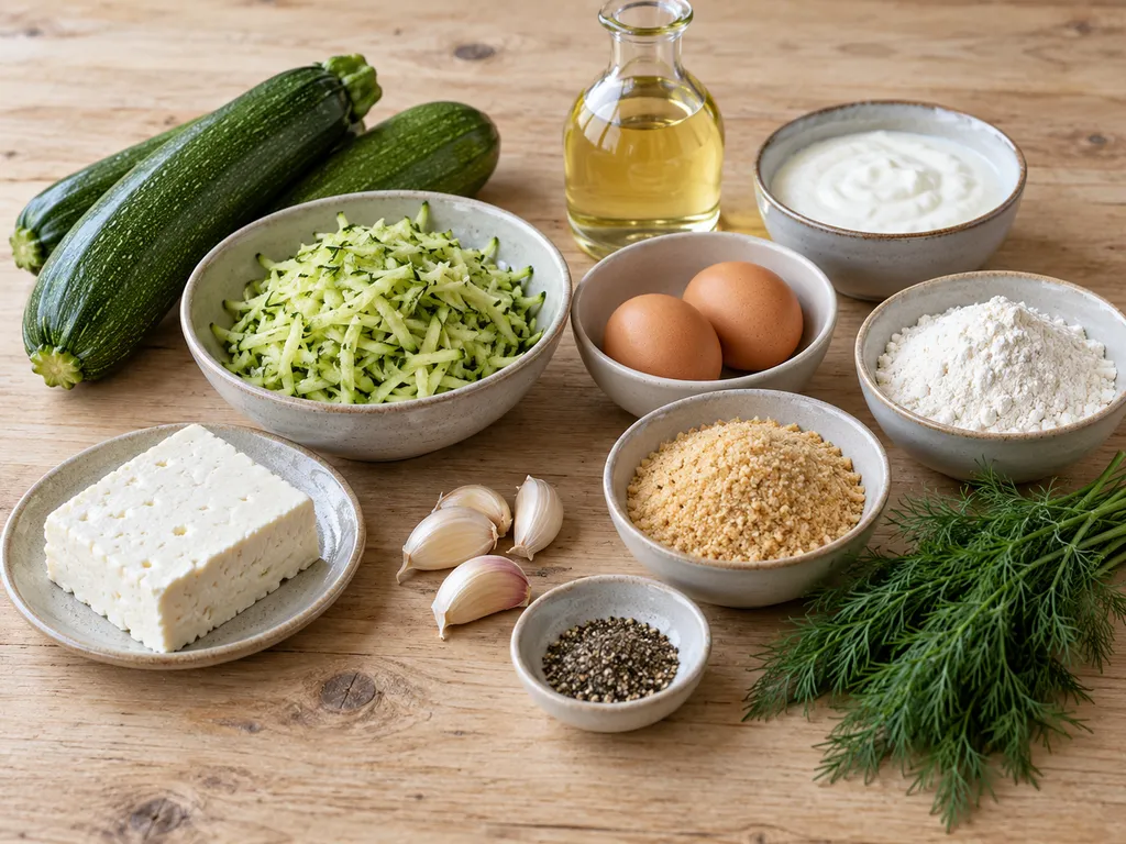 Тиквички, бяло сирене, яйца, копър и брашно за кюфтета от тиквички