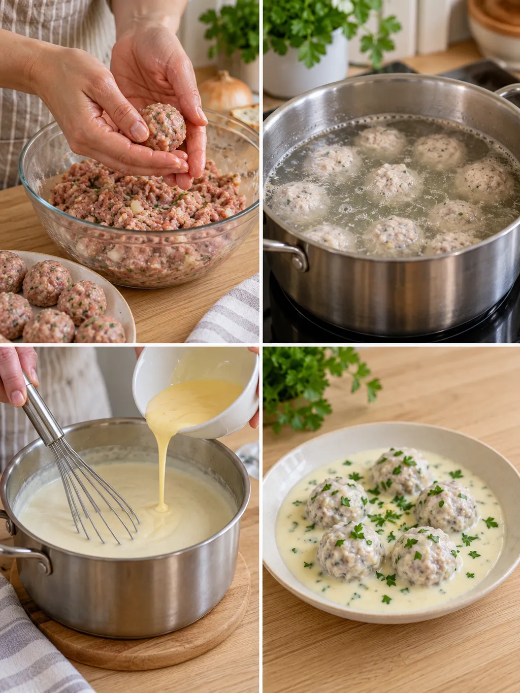 Оформяне и варене на кюфтета, добавяне на застройка и готови кюфтета в бял сос