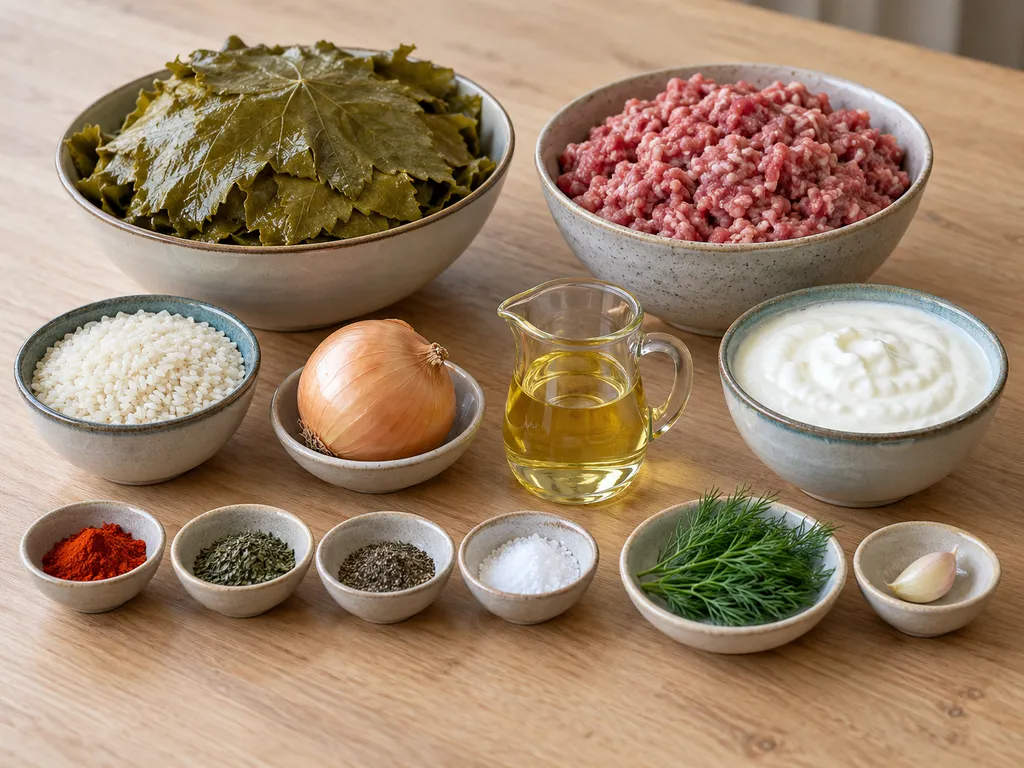 Лозови листа, кайма, ориз, лук, подправки, кисело мляко и чесън