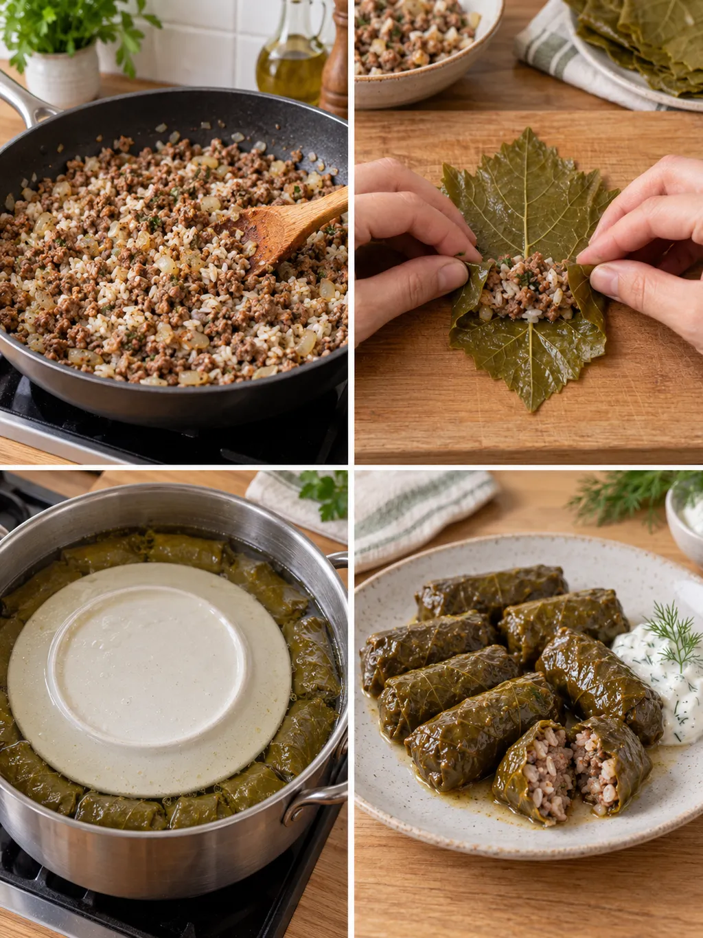 Плънка, завиване, варене и готови лозови сарми с млечен сос