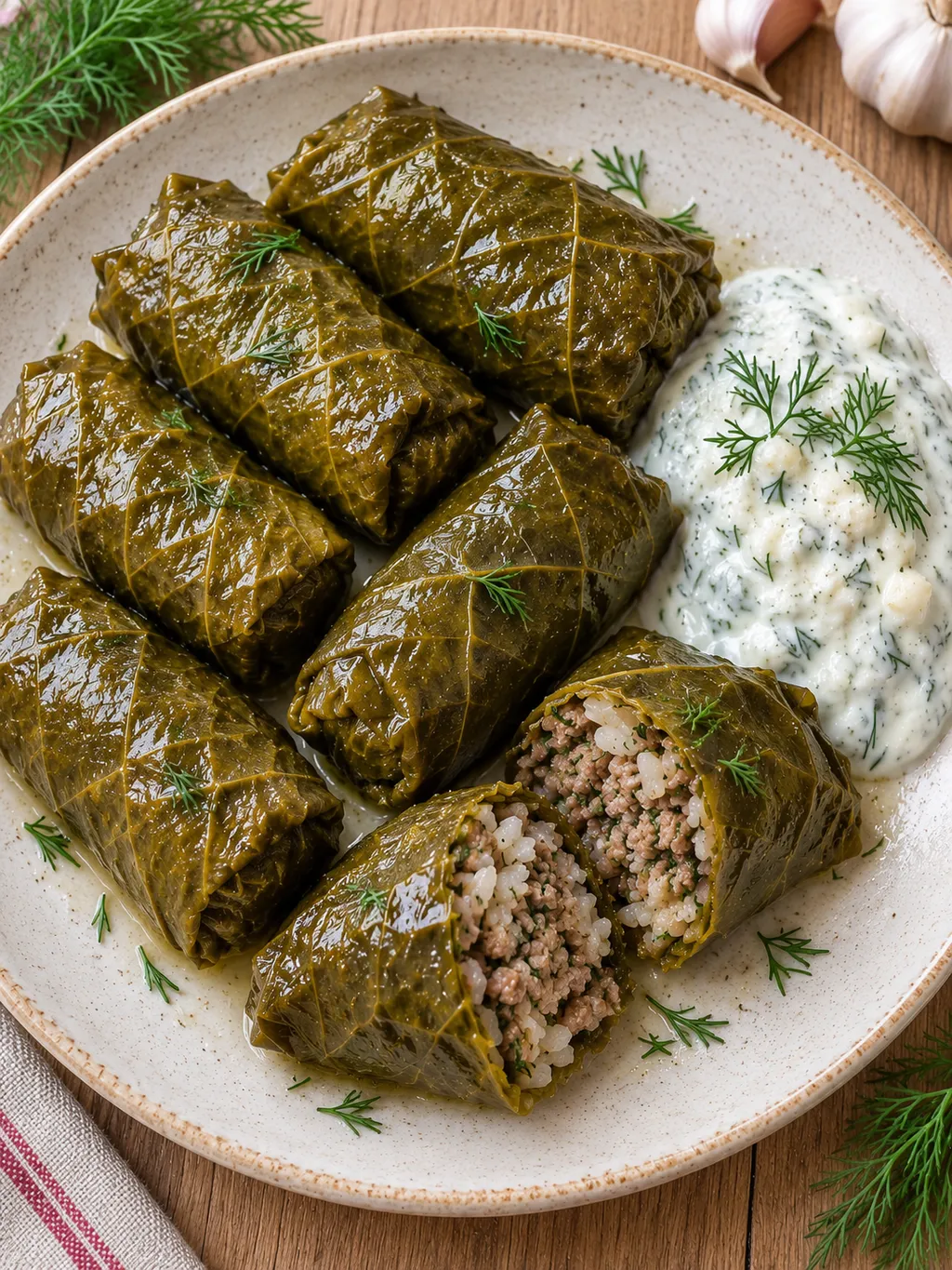 Малки лозови сарми с месна плънка, ориз и чесново кисело мляко