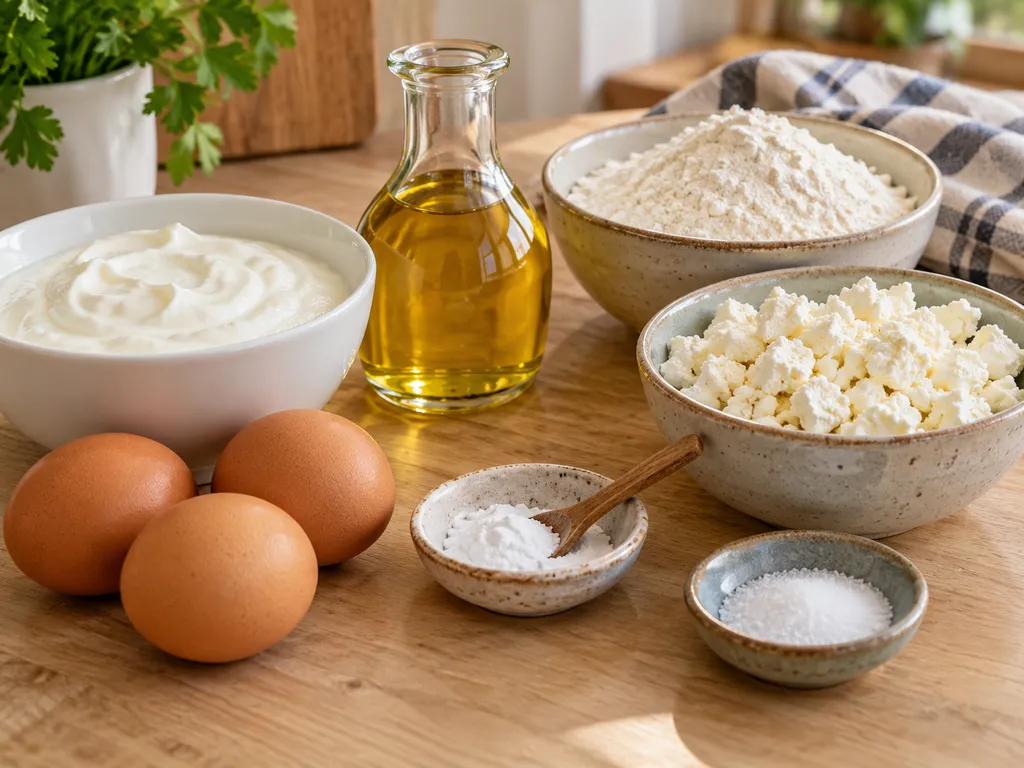 Продукти за мързелива баница на дървена маса, кисело мляко, яйца, брашно, олио и сирене