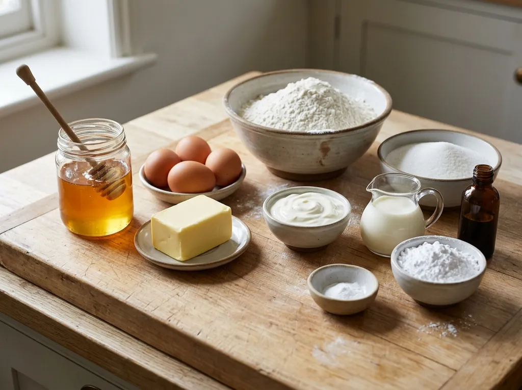 Продукти за медена торта, мед, брашно, яйца, масло и сметана