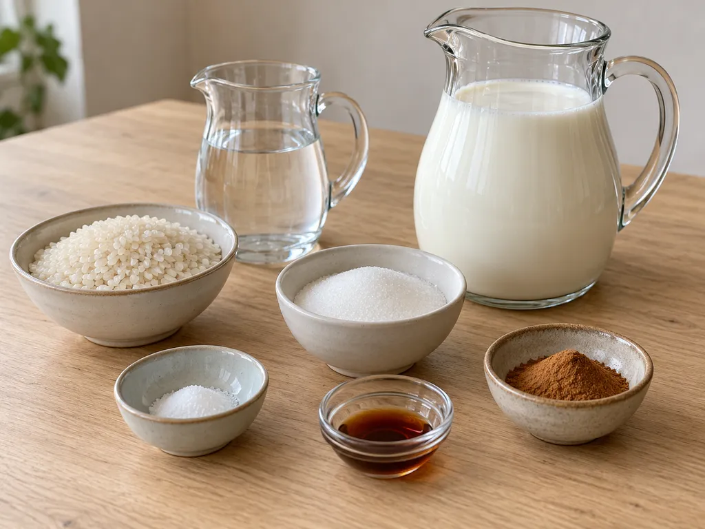 Ориз, прясно мляко, вода, захар, сол, ванилия и канела в отделни съдове