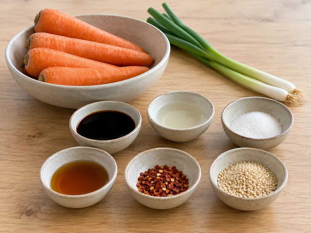 Моркови, пресен лук и отделни купички с продуктите за соево-сусамов дресинг