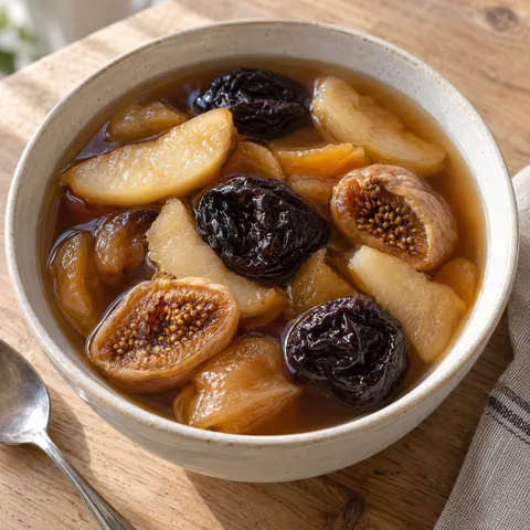 Ошав със сушени сливи, ябълки, круши и смокини в керамична купичка
