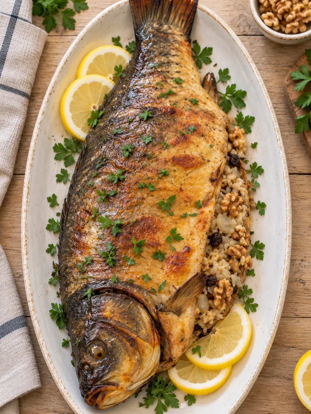 Цял печен шаран с оризова плънка, орехи, магданоз и резени лимон
