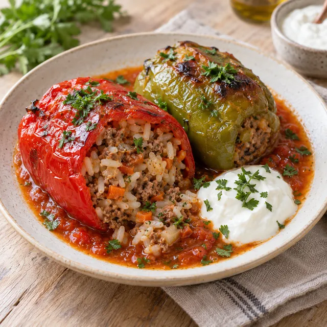 Пълнени чушки с кайма и ориз, доматен сос, кисело мляко и магданоз