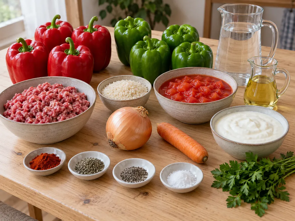 Чушки, кайма, ориз, домати, лук, морков и кисело мляко за пълнените чушки