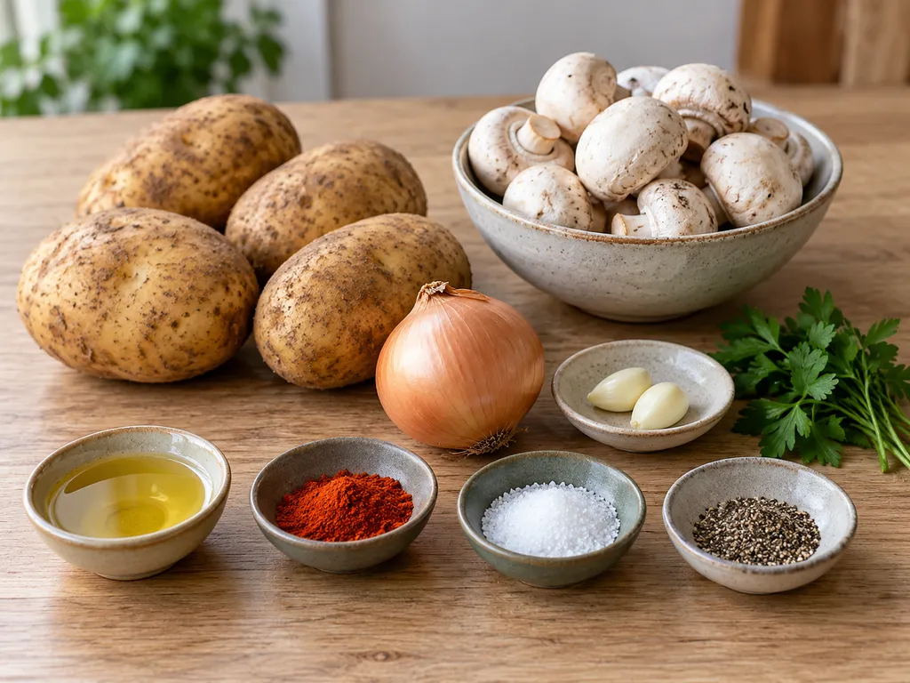 Картофи, печурки, лук, чесън, магданоз, олио и подправки за плънката
