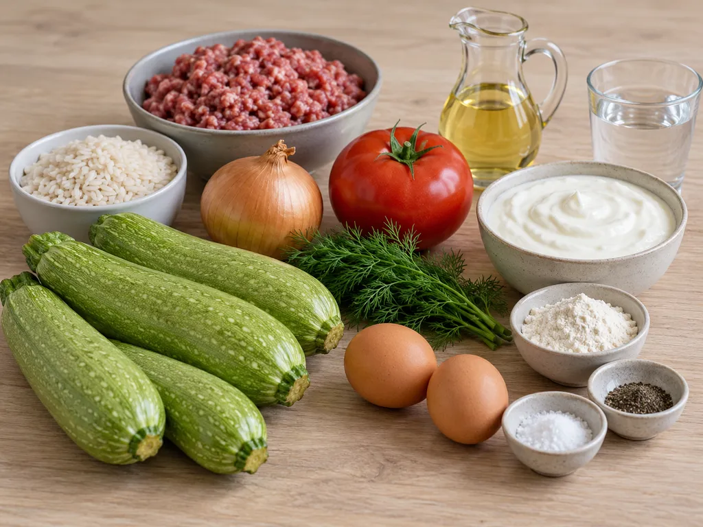 Тиквички, кайма, ориз, домат, лук, копър и продукти за млечна заливка