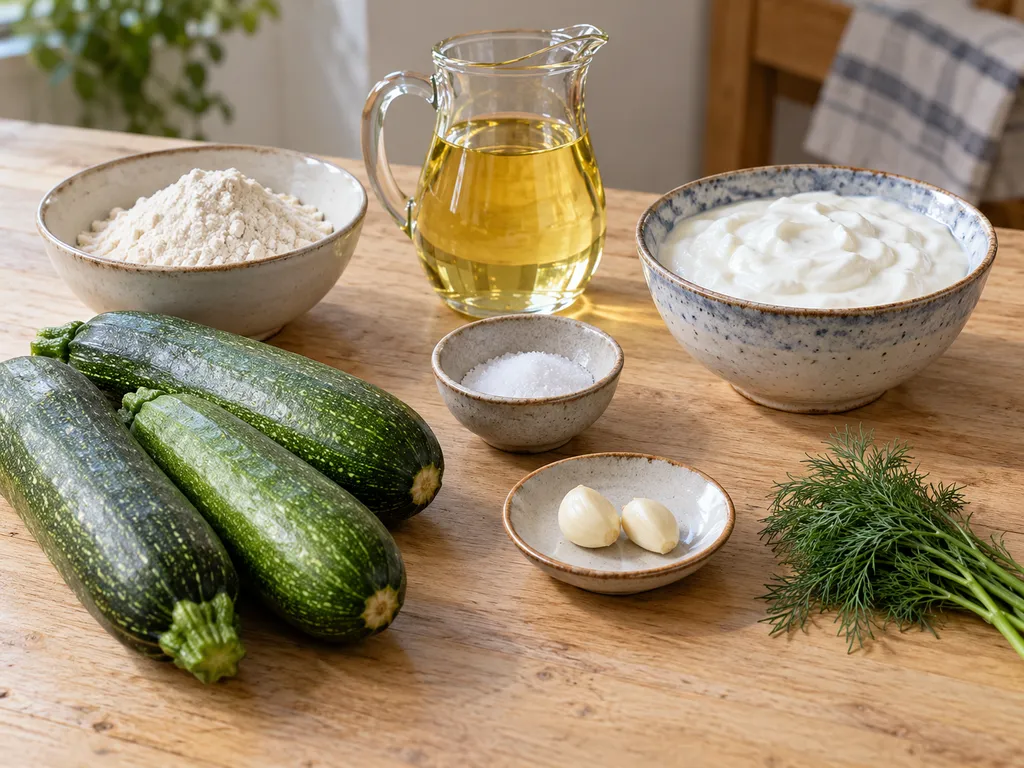 Тиквички, брашно, олио, сол, кисело мляко, чесън и пресен копър