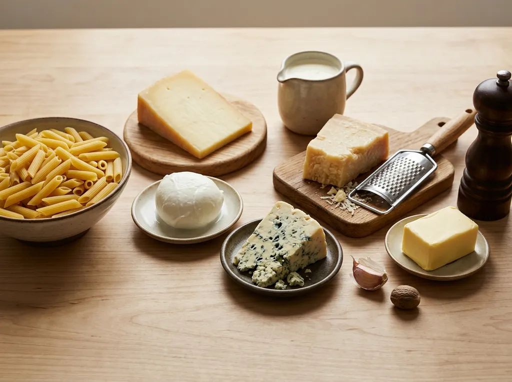 Продукти за паста с четири сирена, сирена, пене, сметана и масло
