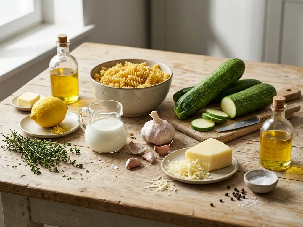 Продукти за паста с тиквички и сметанов сос на дървена маса