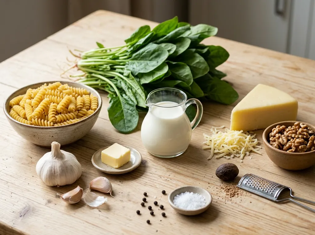 Продукти за паста със спанак и сметана, спанак, чесън, сметана и кашкавал